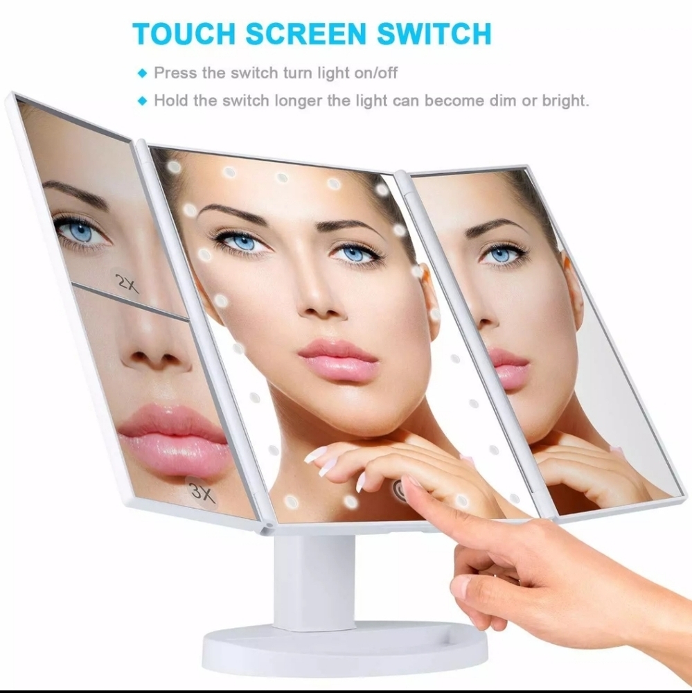 NEW 21 LED HD MAKE-UP MIRROR 3 PANEL TRI-FOLD 180° ROTATION 2X/3X  TOUCH POWERED